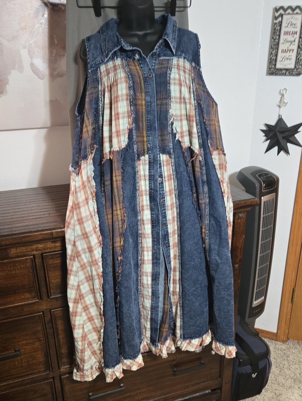 Oli & Hali Denim + Plaid Patchwork Dress Duster XS/S Ptp 22